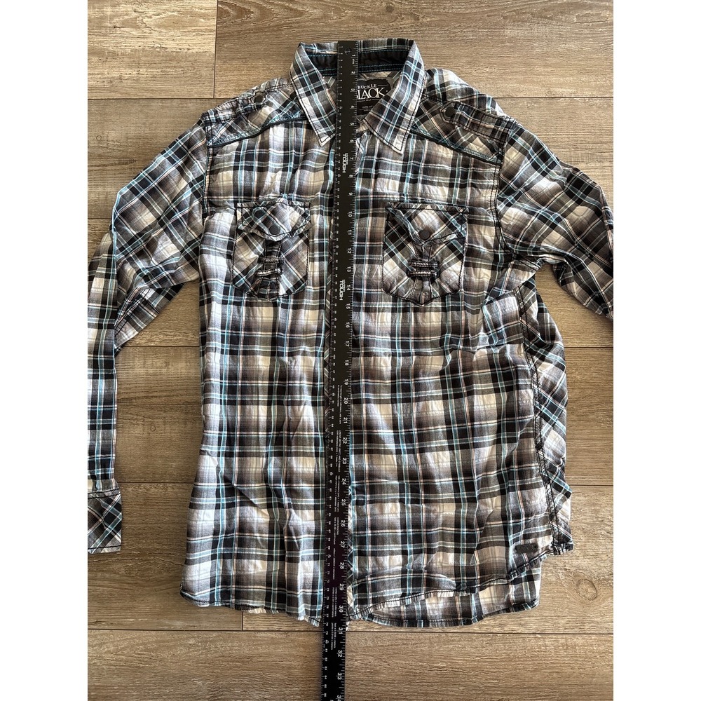 Buckle Black Shirt Men Large Slim Fit Black Teal Plaid Snap Button Western Rodeo - Picture 6 of 9